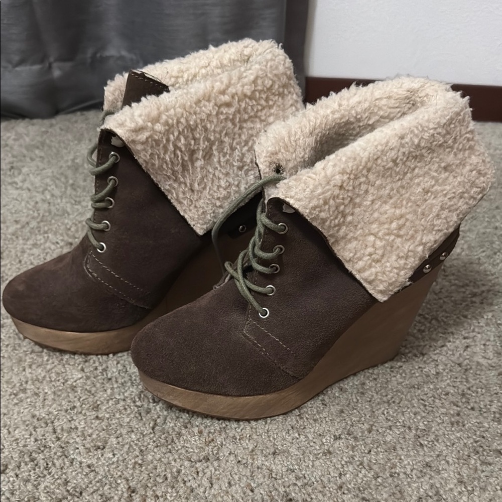 Naughty Monkey Brown and Cream Wedge Boots with Sherpa Collar